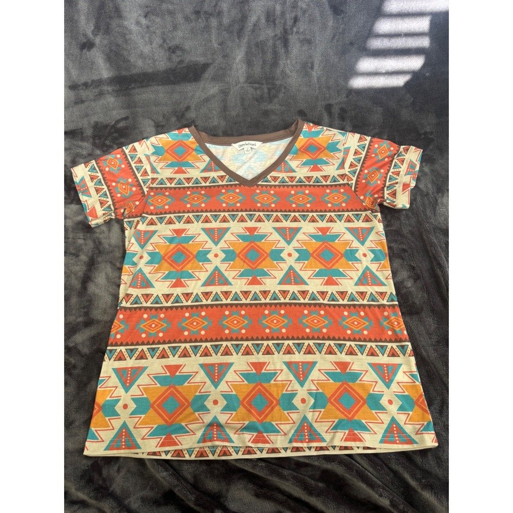Davi & Dani Women Small Southwestern Aztec Geometric V Neck Top Turquoise Orange
